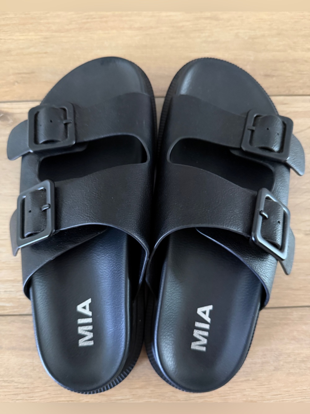 MIA Women's Black Double-Strap Buckle Slide Sandals